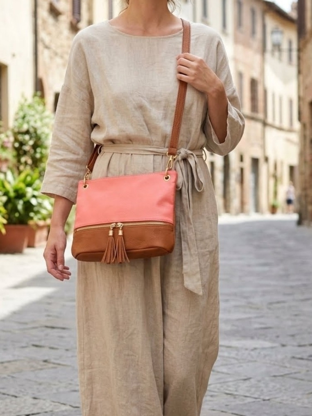 Coral Pink Brown Crossbody Shoulder Bag Summer Vacation Purse Medium Classy